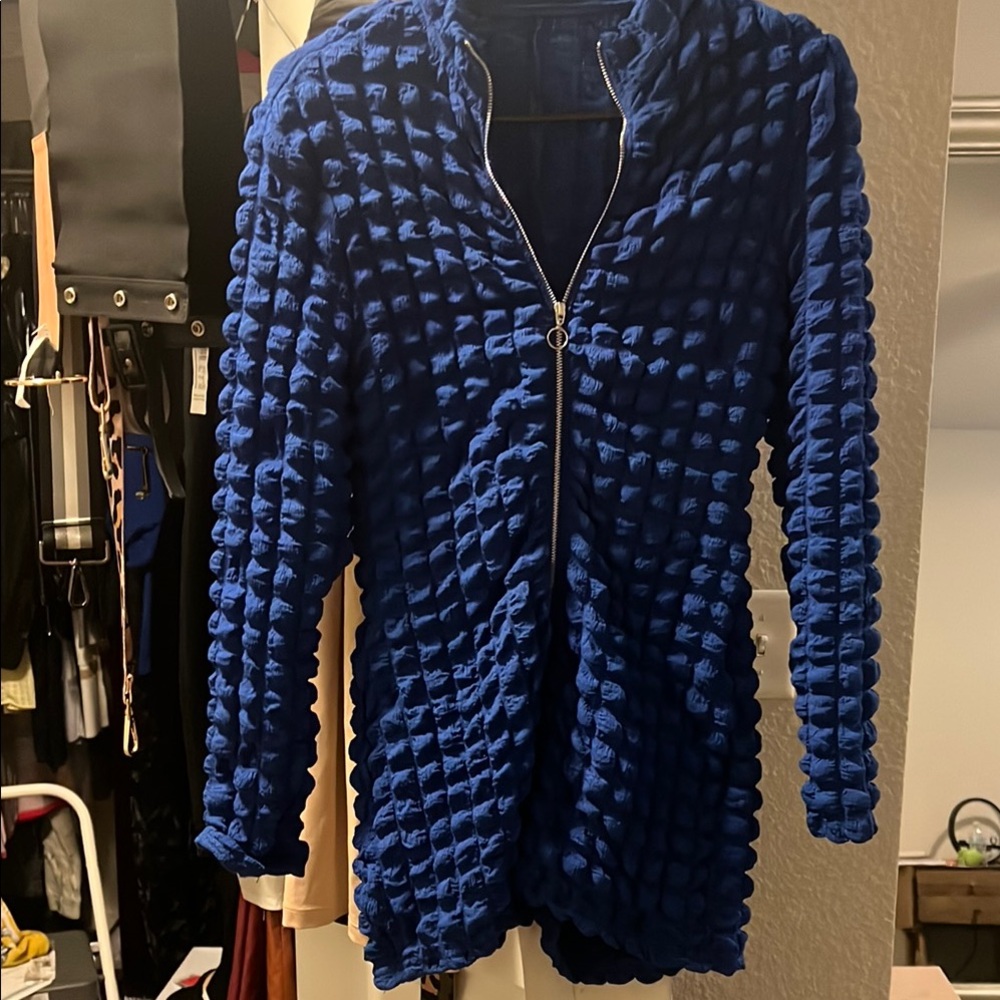Women's Blue Textured romper, has nice stretch, Add a belt& hosiery n boots